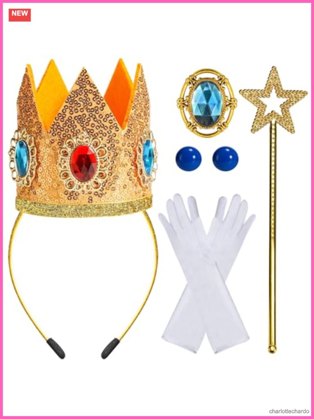 Princess Peach Costume Accessory Set Felt Crown Satin Gloves Wand Brooch 5PC